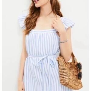 Loft Women's Sz XL Striped Square Neck Shift Pocket Dress Blue White Linen (V6